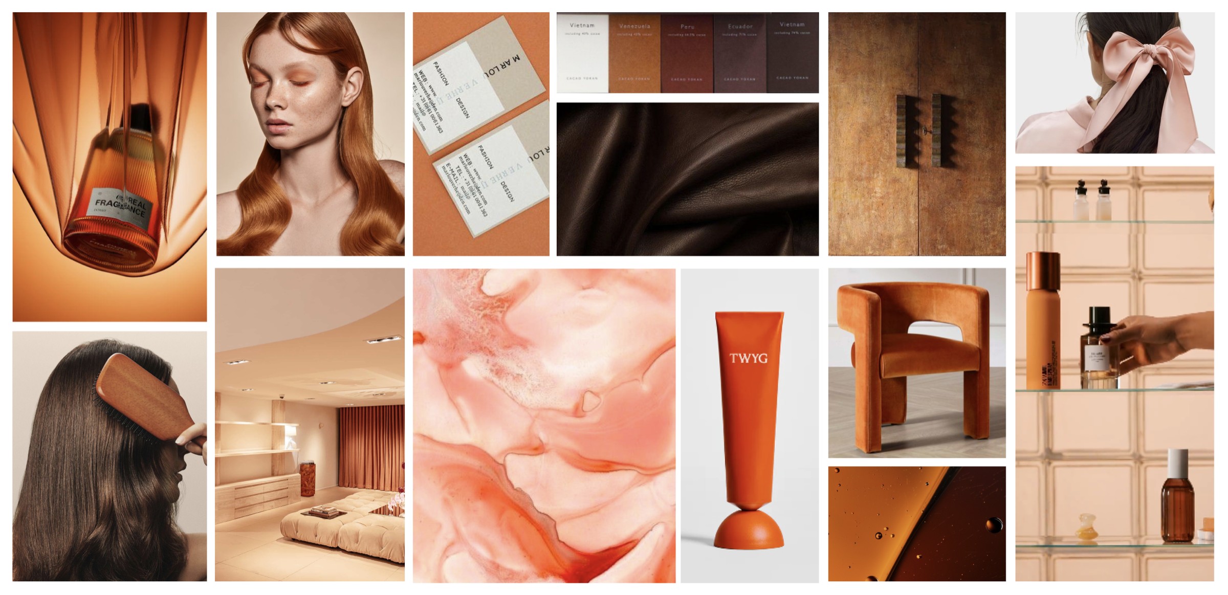 Concept III — refined Chromatic Edge moodboard: bold terracotta and orange, editorial product and interior shots